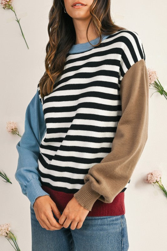 Striped Colorblock Patchwork Long Sleeve Sweater