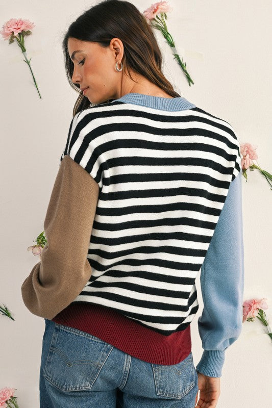 Striped Colorblock Patchwork Long Sleeve Sweater