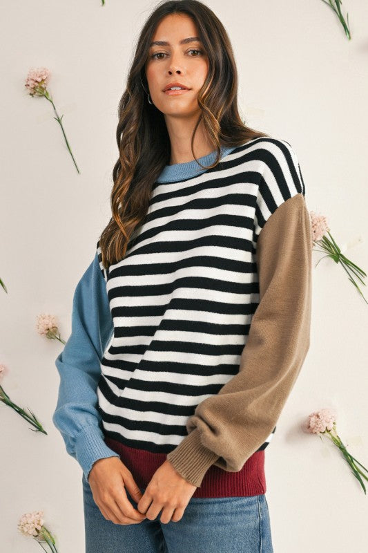 Striped Colorblock Patchwork Long Sleeve Sweater