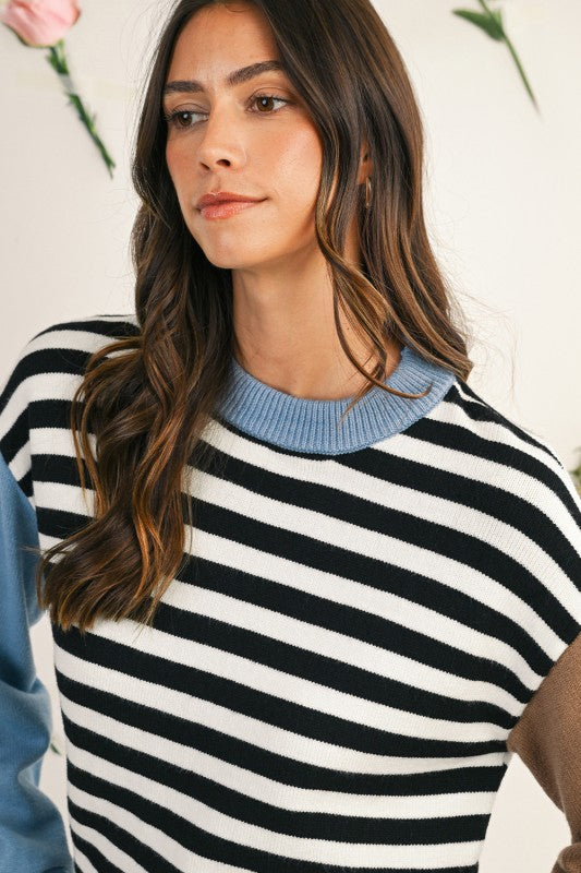 Striped Colorblock Patchwork Long Sleeve Sweater