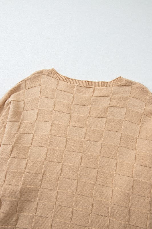 Solid Checkered Textured Knit Plus Size Sweater
