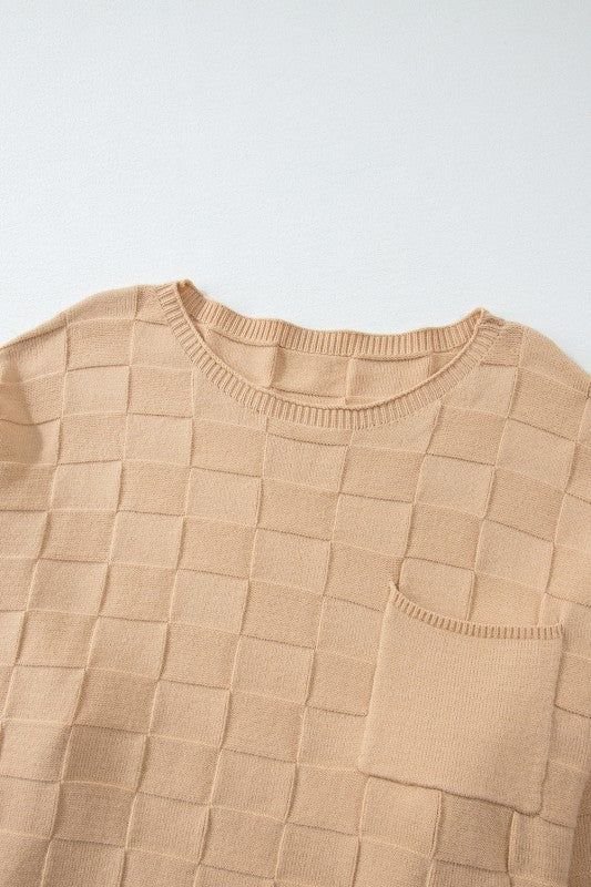 Solid Checkered Textured Knit Plus Size Sweater