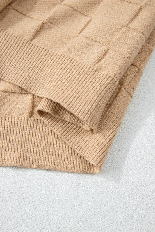 Solid Checkered Textured Knit Plus Size Sweater