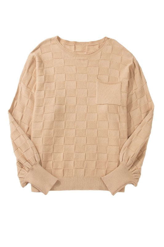 Solid Checkered Textured Knit Plus Size Sweater