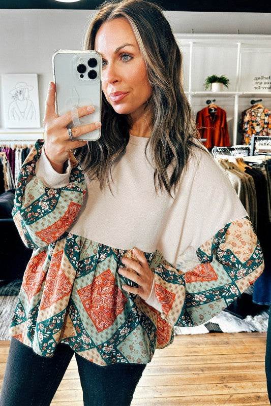 Geometric Patchwork Crew Neck Loose Fit Top