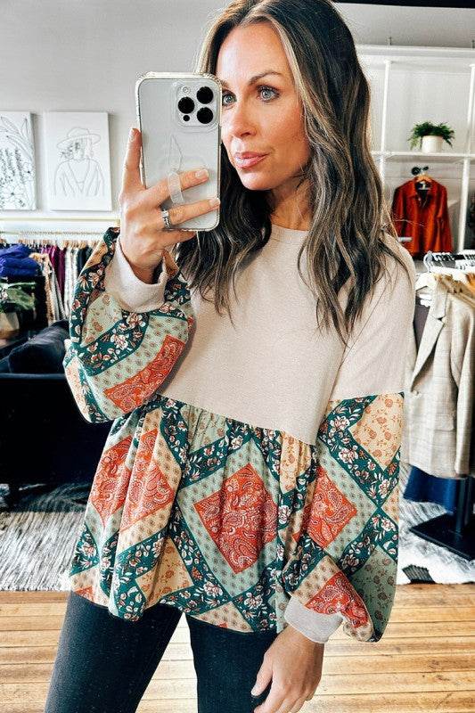 Geometric Patchwork Crew Neck Loose Fit Top