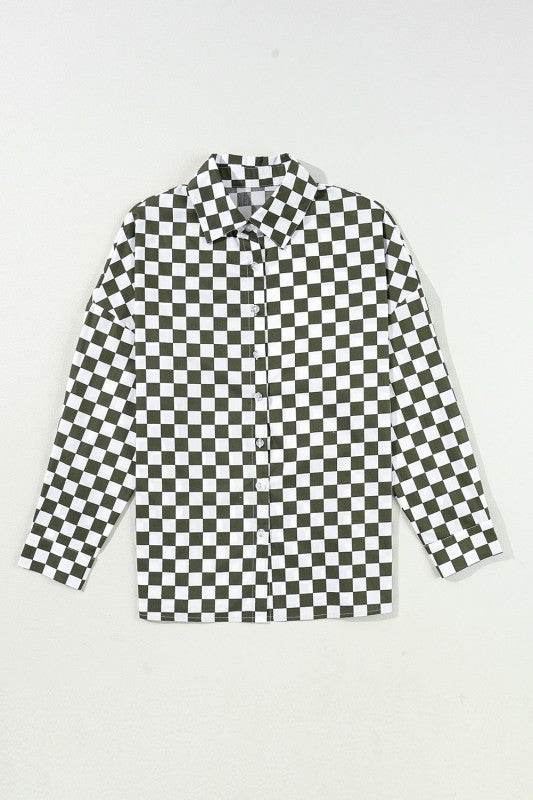 Checkerboard Drop Shoulder Loose Casual Blouse
