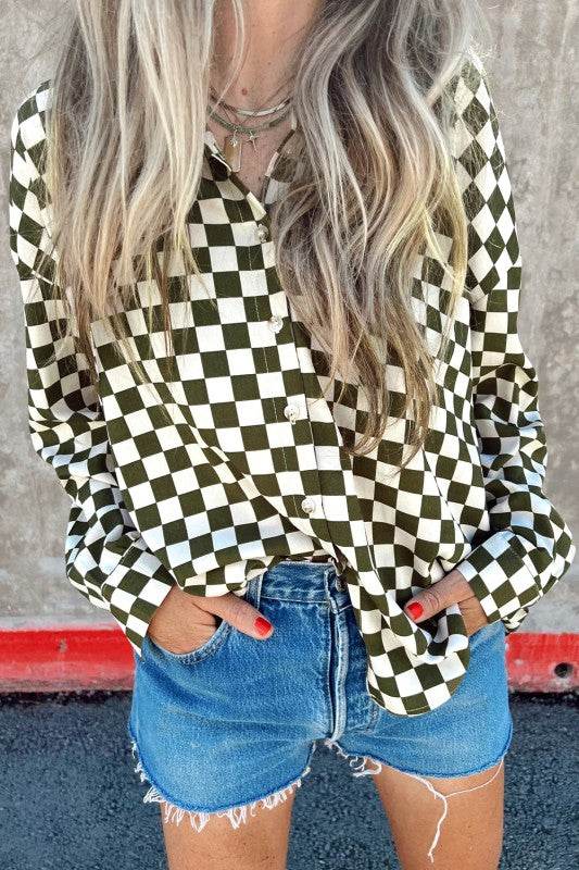 Checkerboard Drop Shoulder Loose Casual Blouse