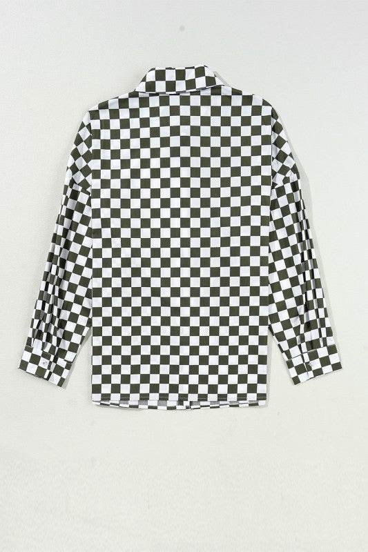Checkerboard Drop Shoulder Loose Casual Blouse