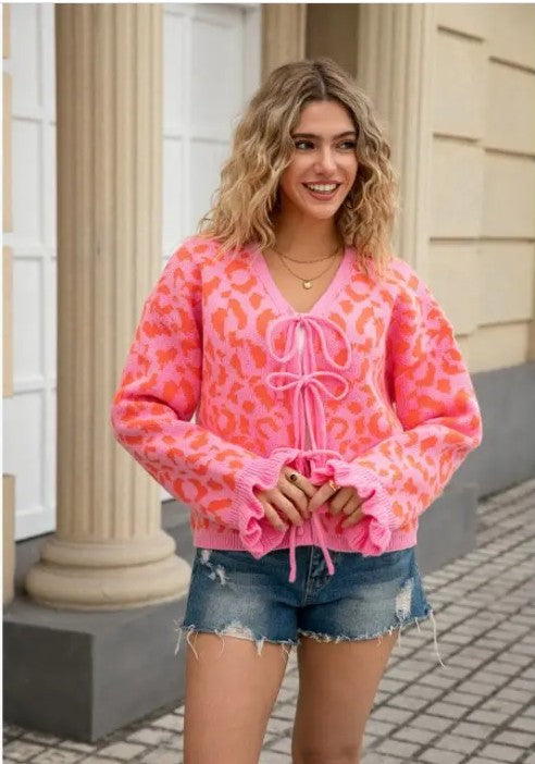 Leopard Knit Cardigan with Front Tie
