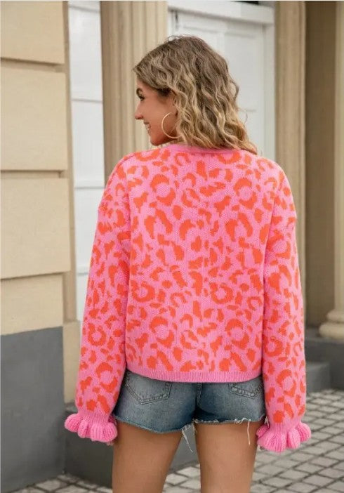 Leopard Knit Cardigan with Front Tie