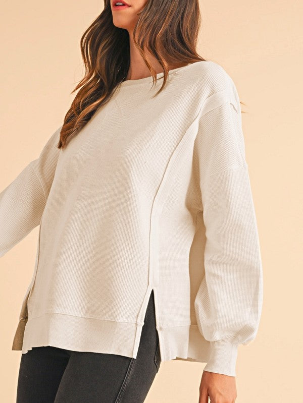 Cotton Waffle Bishop Split Oversized Pullover