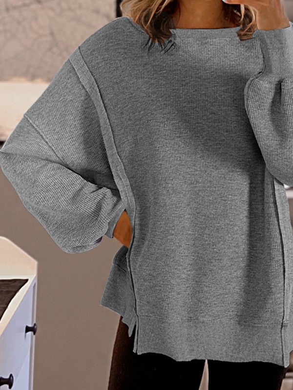 Cotton Waffle Bishop Split Oversized Pullover