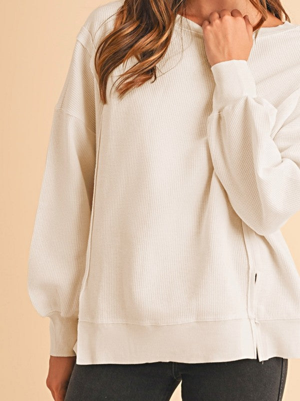Cotton Waffle Bishop Split Oversized Pullover
