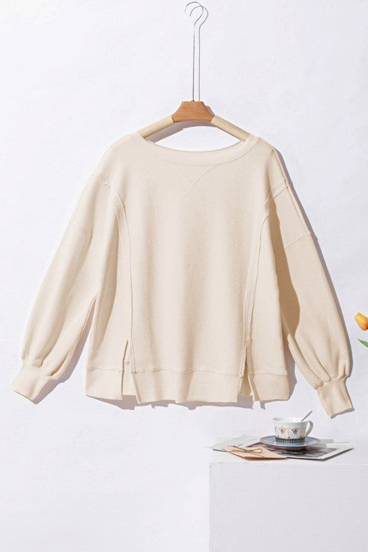 Cotton Waffle Bishop Split Oversized Pullover