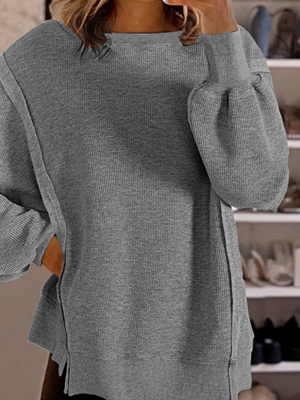 Cotton Waffle Bishop Split Oversized Pullover