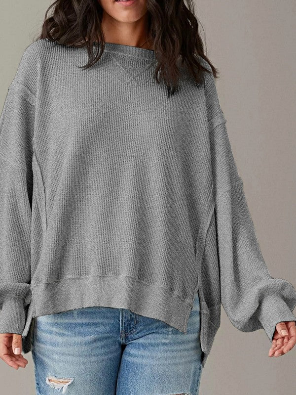 Cotton Waffle Bishop Split Oversized Pullover