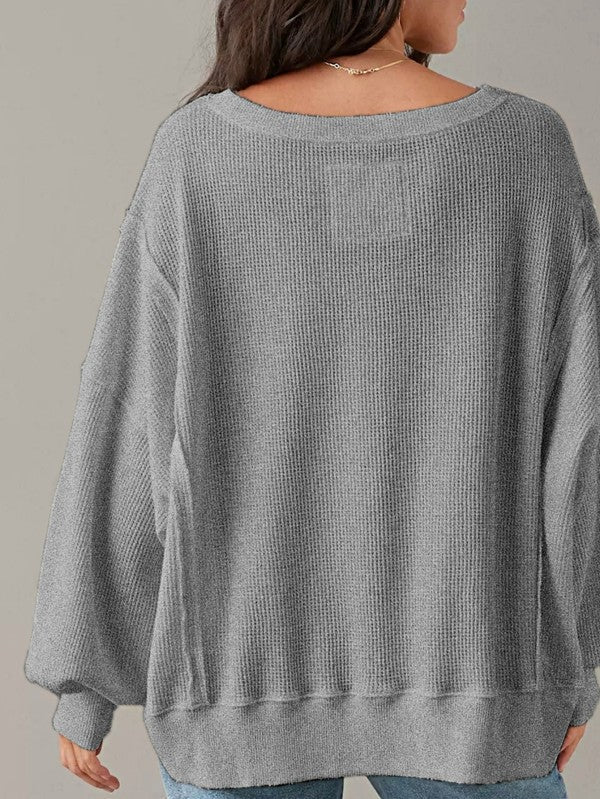 Cotton Waffle Bishop Split Oversized Pullover
