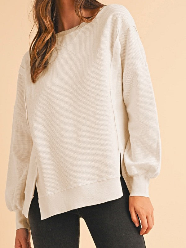 Cotton Waffle Bishop Split Oversized Pullover