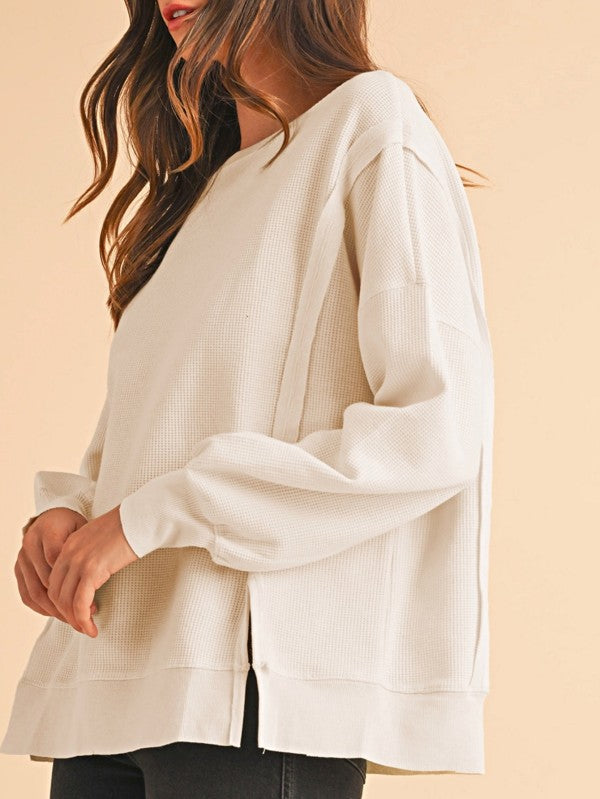 Cotton Waffle Bishop Split Oversized Pullover