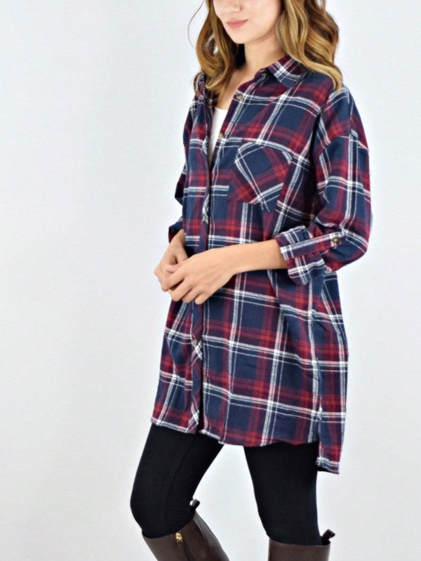 Cotton Plaid Red Navy Button Long Shirt Shacket