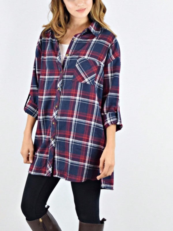 Cotton Plaid Red Navy Button Long Shirt Shacket