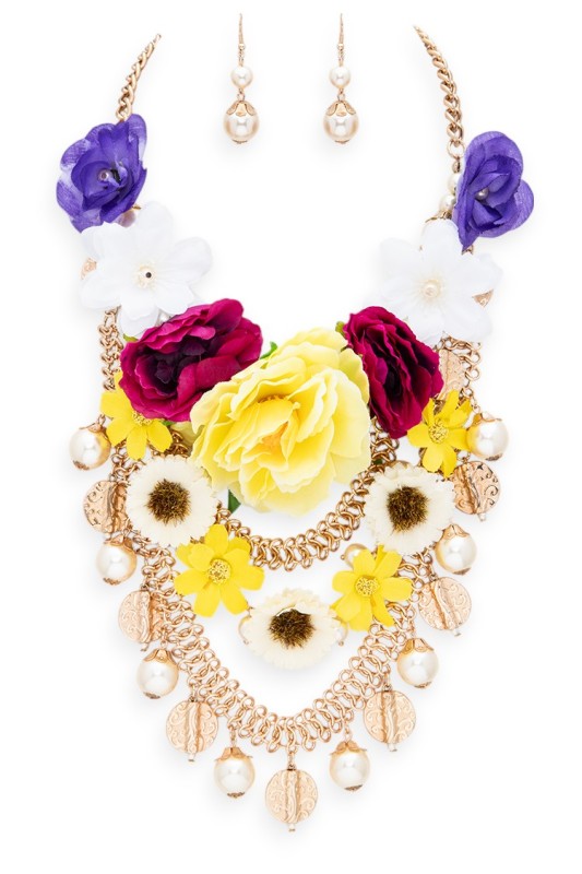 Mix Beads Flower Statement Necklace Set