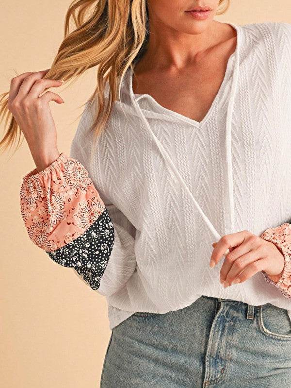 Floral Patchwork Cable Texture Drawstring V Top