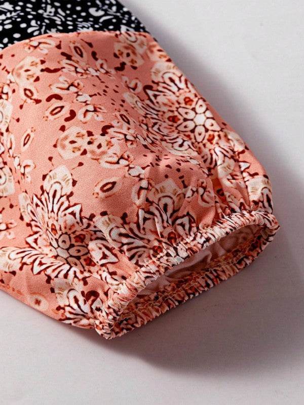Floral Patchwork Cable Texture Drawstring V Top