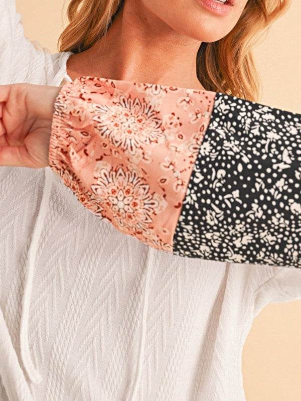 Floral Patchwork Cable Texture Drawstring V Top