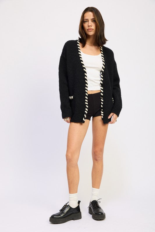 LEATHER TRIM CARDIGAN WITH BUTTONS