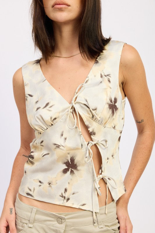 DEEP V NECK FLORAL BIAS TOP