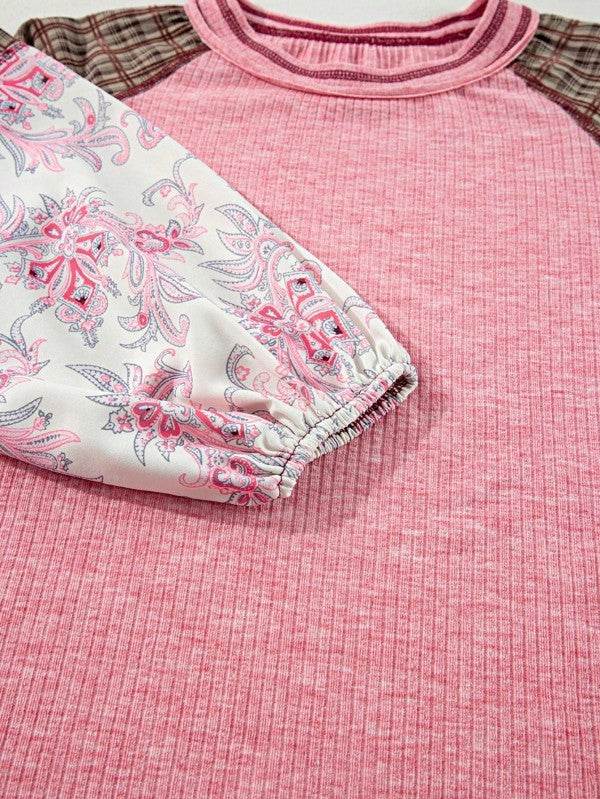 Viscose Plaid Floral Patchwork Raglan Ribbed Top