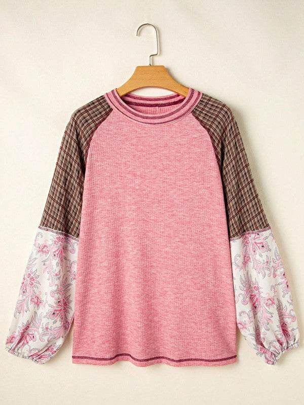 Viscose Plaid Floral Patchwork Raglan Ribbed Top