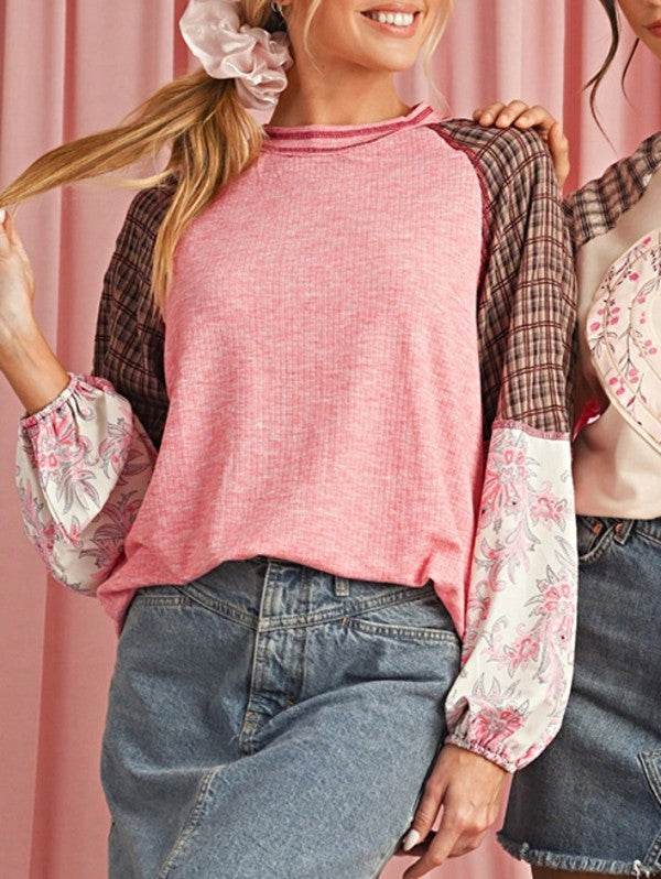 Viscose Plaid Floral Patchwork Raglan Ribbed Top
