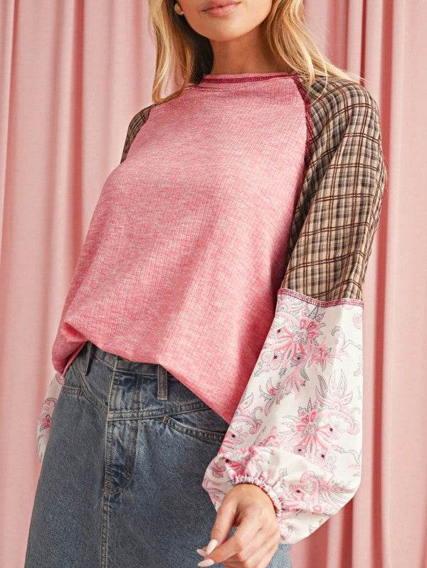 Viscose Plaid Floral Patchwork Raglan Ribbed Top