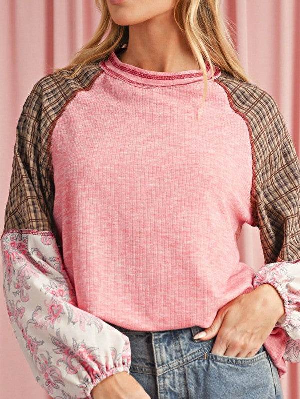 Viscose Plaid Floral Patchwork Raglan Ribbed Top