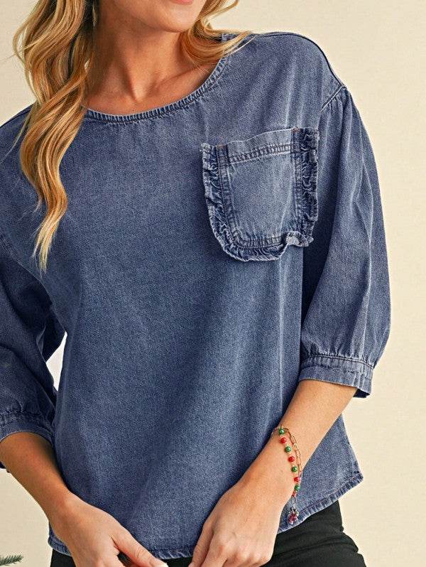 Cotton Denim Frilled Boho Pocket Top