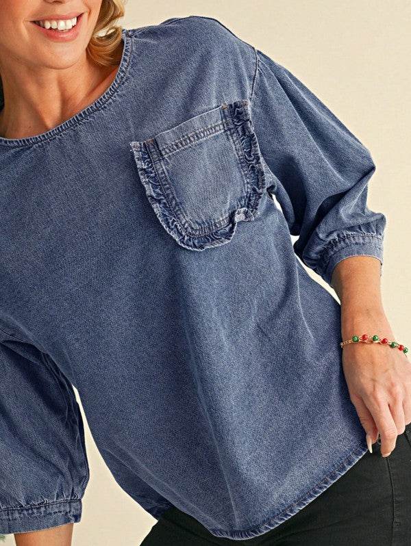 Cotton Denim Frilled Boho Pocket Top