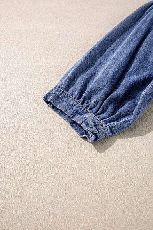 Cotton Denim Frilled Boho Pocket Top