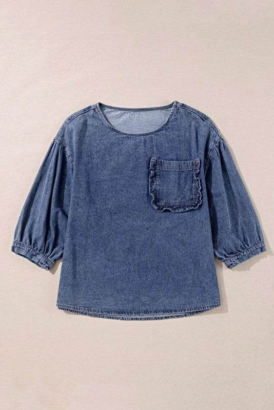 Cotton Denim Frilled Boho Pocket Top