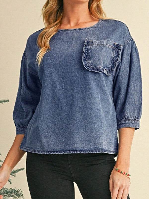 Cotton Denim Frilled Boho Pocket Top