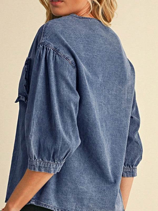 Cotton Denim Frilled Boho Pocket Top