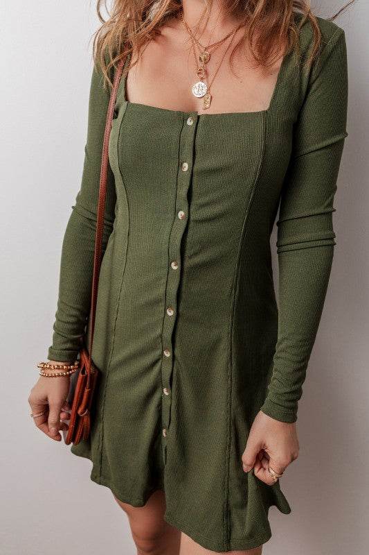 Green Knit Square Neck Buttoned Long Sleeve Dress