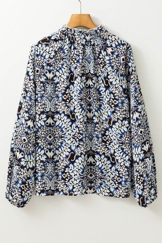 Blue Print Lace-up Frilled Neck Puff Sleeve Blouse