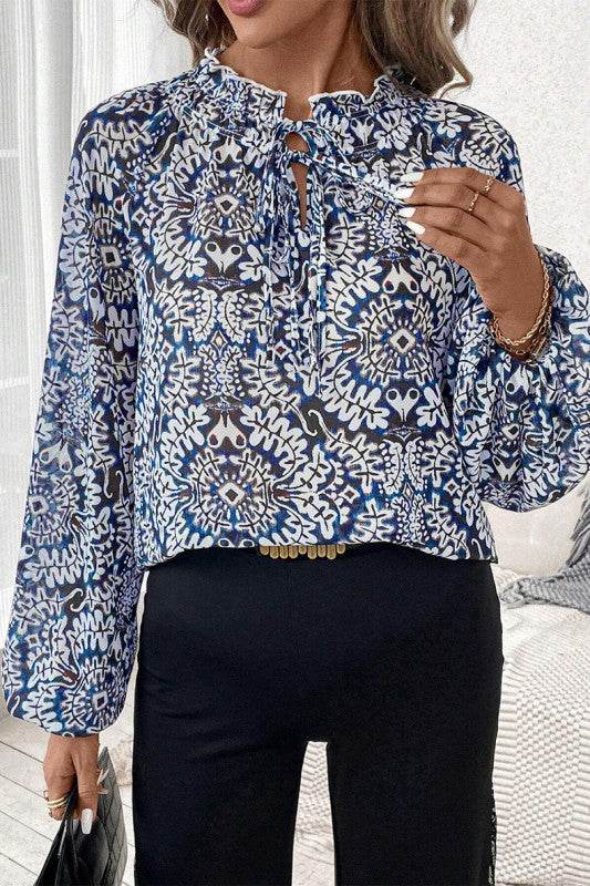 Blue Print Lace-up Frilled Neck Puff Sleeve Blouse