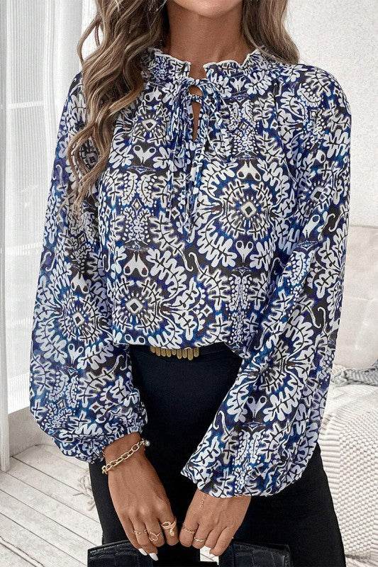 Blue Print Lace-up Frilled Neck Puff Sleeve Blouse