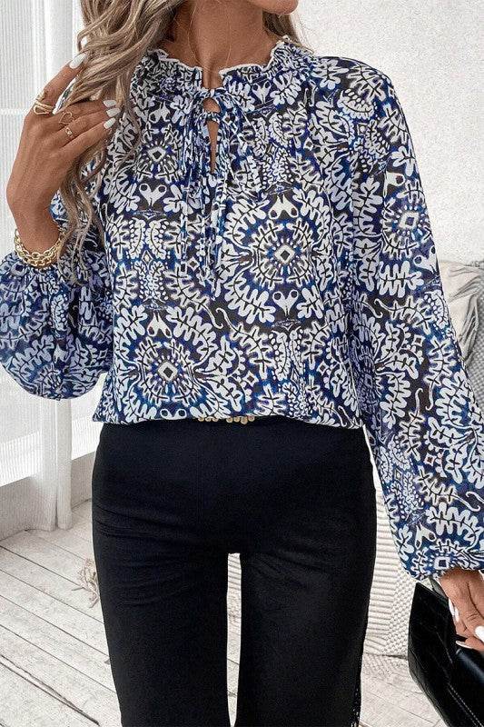 Blue Print Lace-up Frilled Neck Puff Sleeve Blouse