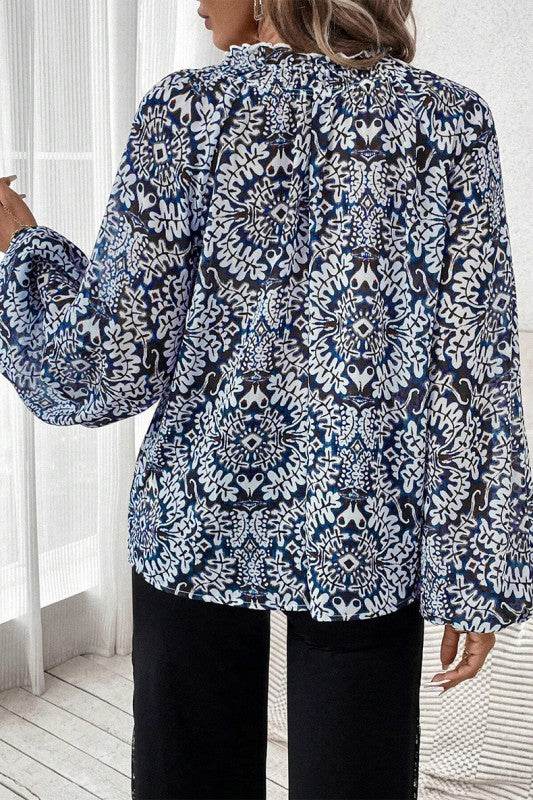 Blue Print Lace-up Frilled Neck Puff Sleeve Blouse