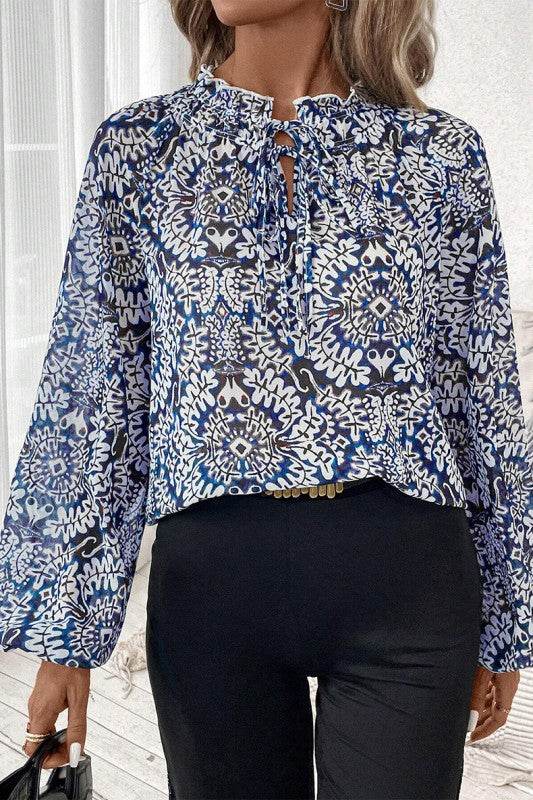 Blue Print Lace-up Frilled Neck Puff Sleeve Blouse